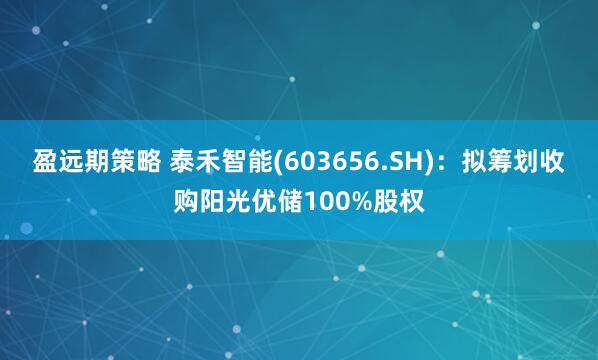 盈远期策略 泰禾智能(603656.SH)：拟筹划收购阳光优储100%股权